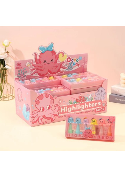 Highlighter Fosforlu Kalem 6'lı Set Ahtapot Desenli