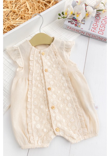 Pamuk Tüllü Fırfırlı Yazlık Kız Bebek Müslin Tulum Krem