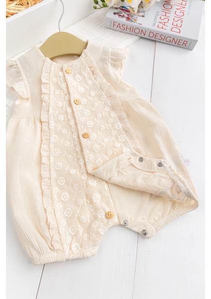 Pamuk Tüllü Fırfırlı Yazlık Kız Bebek Müslin Tulum Krem fiyatları