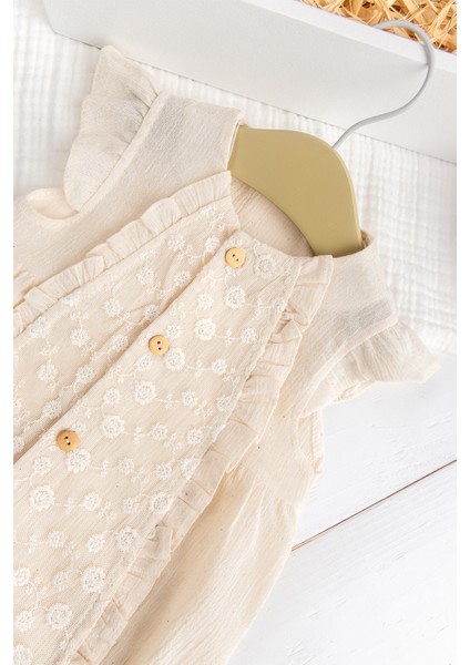 Pamuk Tüllü Fırfırlı Yazlık Kız Bebek Müslin Tulum Krem fırsatları