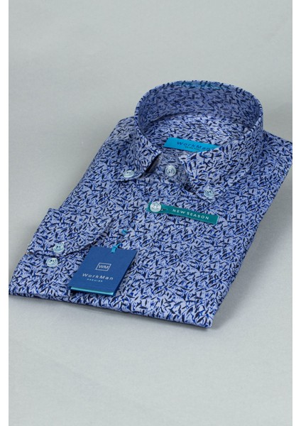 Modern Desenli Slim Fit Mavi Gömlek