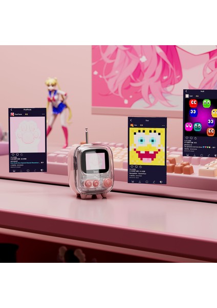 Tiivoo-2 Fm Radyolu Mini Bluetooth Hoparlör, Kablosuz Piksel Ekranlı Retro Taşınabilir Ses Bombası, Pembe