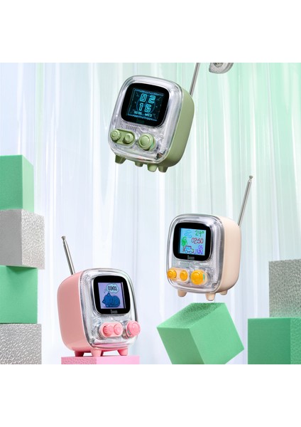 Tiivoo-2 Fm Radyolu Mini Bluetooth Hoparlör, Kablosuz Piksel Ekranlı Retro Taşınabilir Ses Bombası, Pembe