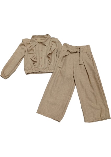 Kız Çocuk Açık Kahverengi Renk Düğme Detaylı Gömleği Fırfırlı Keten Pantolonlu Takım