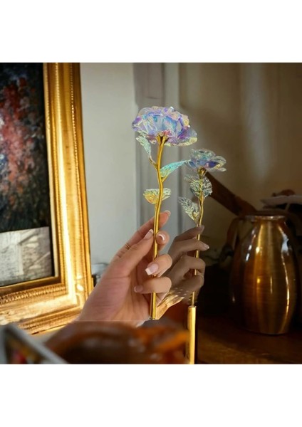 Sonsuzluk Gülü Beyaz Rengarenk Hologramlı Sevgiliye Hediye 24 cm