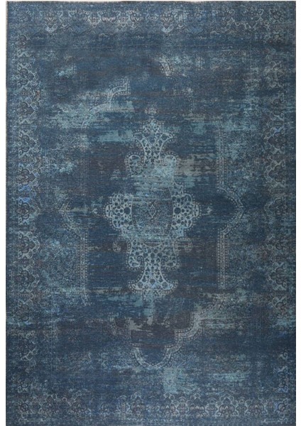 Blues Şönil Vintage Desenli Dokuma Taban Dekoratif Halı Kilim Yolluk Dijital Baskı Halı Yıkanabilir