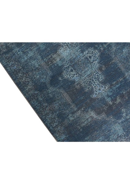 Blues Şönil Vintage Desenli Dokuma Taban Dekoratif Halı Kilim Yolluk Dijital Baskı Halı Yıkanabilir