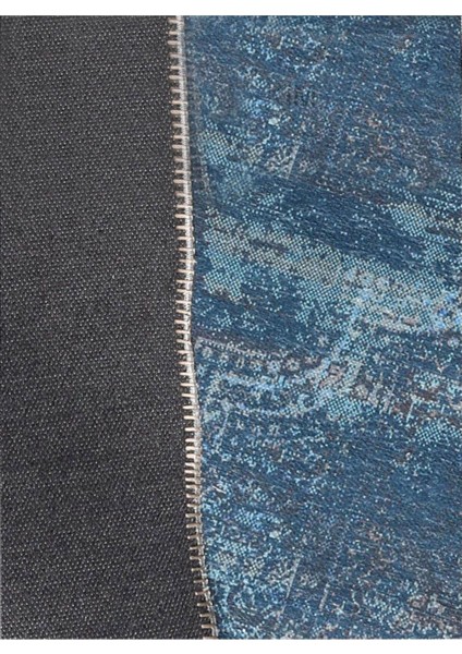Blues Şönil Vintage Desenli Dokuma Taban Dekoratif Halı Kilim Yolluk Dijital Baskı Halı Yıkanabilir