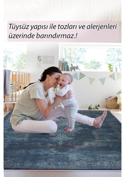 Blues Şönil Vintage Desenli Dokuma Taban Dekoratif Halı Kilim Yolluk Dijital Baskı Halı Yıkanabilir
