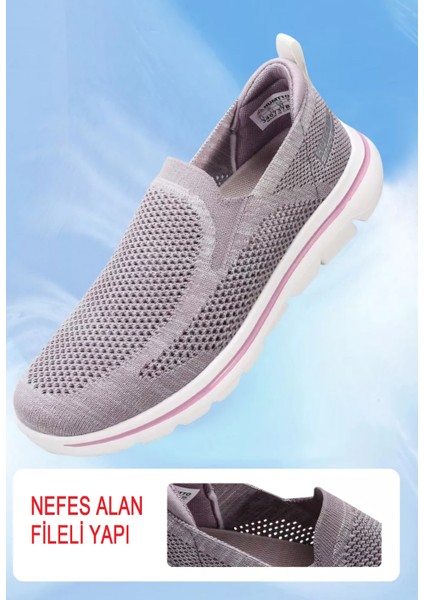 Hafif Tasarım Bağcıksız Fileli Yazlık Gri Lila Kadın Spor Ayakkabı HM340737B