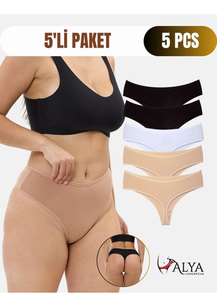 Kadın Yüksek Bel, Toparlayıcı, Tanga Külotlar - 2 Siyah, 1 Beyaz, 2 Ten - 5'li Paket Adet