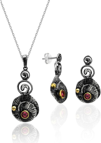 Oksitli Gümüş Set Kök Yakut Taşlı Gümüş Otantik Ikili Set 925 Ayar ST136