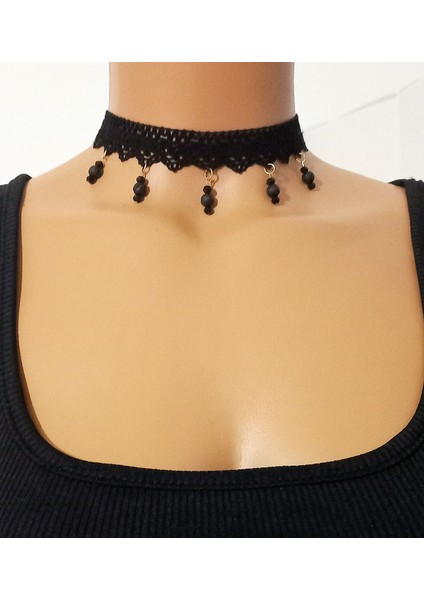 Dantel Gotik Siyah Doğaltaşlı Tasma Choker Kolye