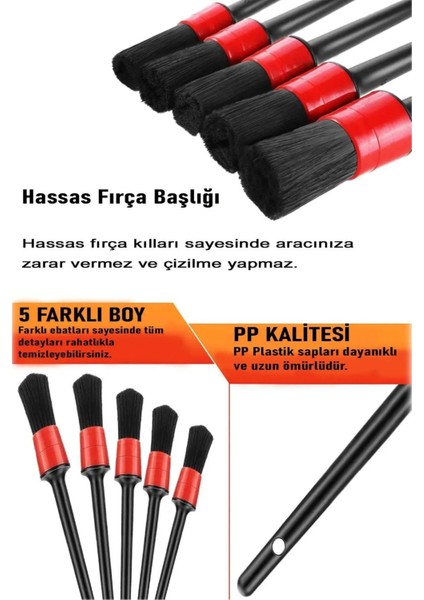 Oto ve Pc Detay Fırçası Seti 5'li Kaliteli Detaylı Farklı Boyutlar, Premium Seri 5li Araba Fırçası