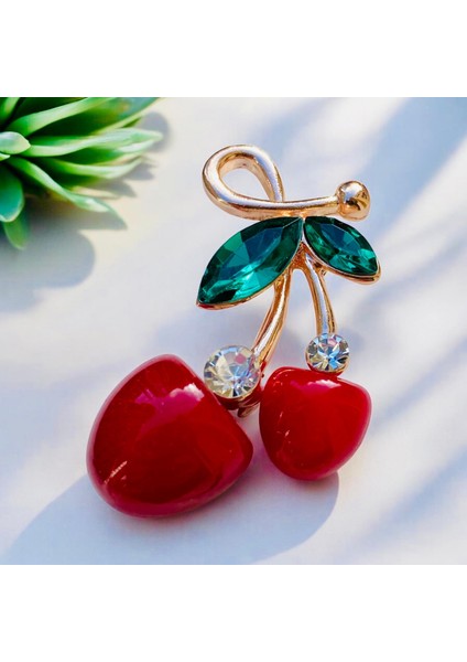 Kırmızı Renk Mineli Zirkon Taşlı Altın Kaplamalı Yeşil Taşlı Tasarım Kiraz Broş