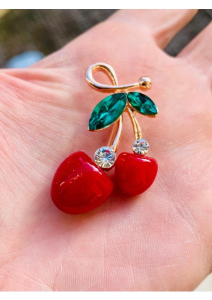 Kırmızı Renk Mineli Zirkon Taşlı Altın Kaplamalı Yeşil Taşlı Tasarım Kiraz Broş modelleri