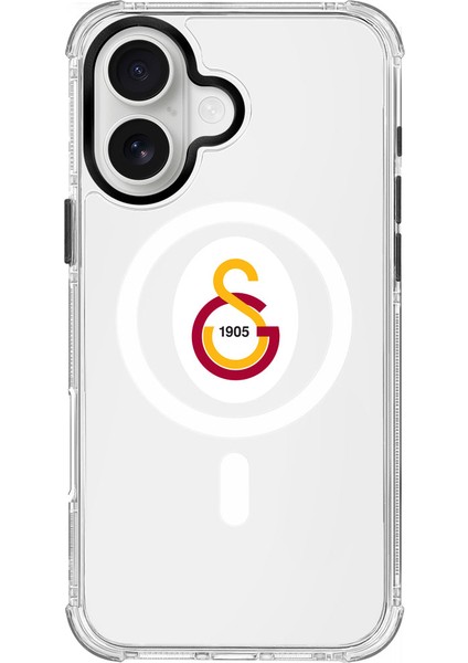 Apple iPhone 16 Galatasaray Magsafe Parçalı Logo Şeffaf Telefon Kılıfı