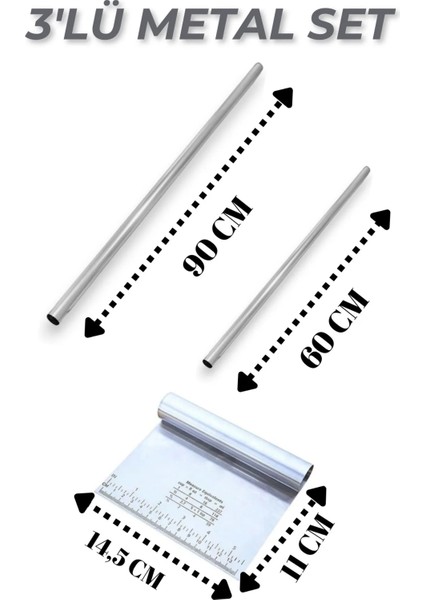 Paslanmaz Alüminyum Metal Masterchef Hamur Açma 2'li 60 ve 90 cm Oklava ve Ölçülü Çelik Spatula