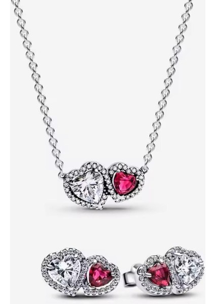 Gümüş Hale Kalpler Kırmızı Beyaz Taş Kolye ve Çivi Küpeler Seti