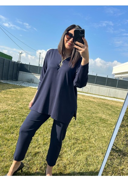 Kadın Büyük Beden Düz V Yaka Fermuar Detaylı Lacivert Örme BLUZ-BGB113 fiyatları