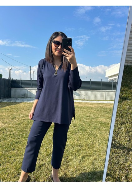 Kadın Büyük Beden Düz V Yaka Fermuar Detaylı Lacivert Örme BLUZ-BGB113 modelleri