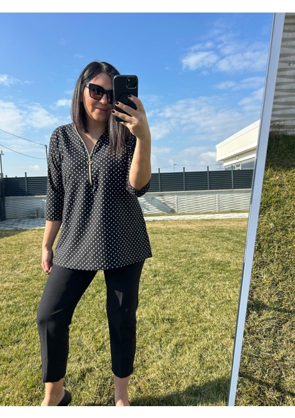 Kadın Büyük Beden Siyah - Beyaz Puantiye Baskı Detaylı Viskon Kumaş Örme BLUZ-BGB117