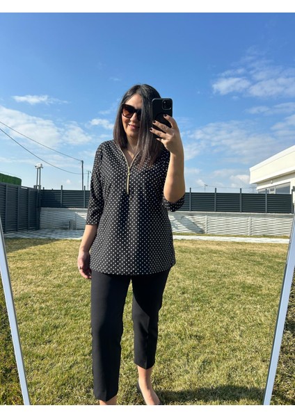 Kadın Büyük Beden Siyah - Beyaz Puantiye Baskı Detaylı Viskon Kumaş Örme BLUZ-BGB117 fiyatları