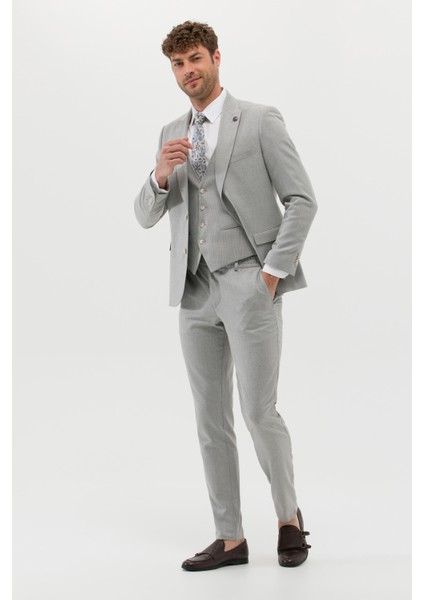 Erkek Ekstra Slim Fit Yelekli Takım Elbise - Gri