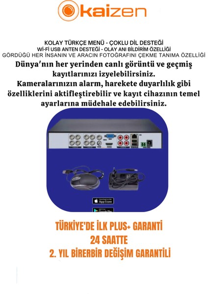 Kaızen 4'lü 5 Mpfull Hd 4 Girişli Yüz ve Araç Tanıma Özellikli Güvenlik Kamera Seti