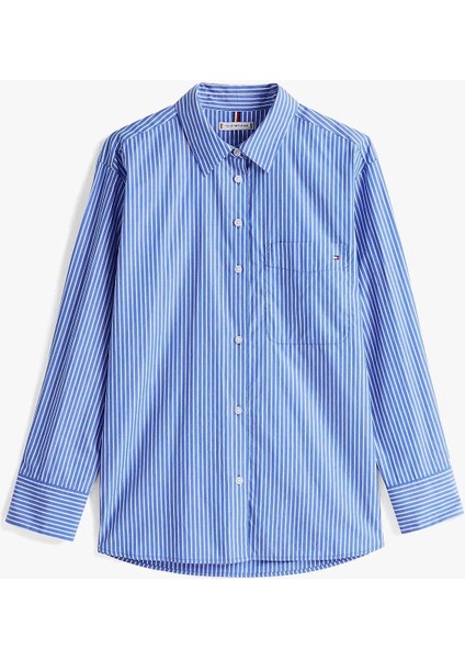 Kadın Th Oversize Çizgili Gömlek - Mavi