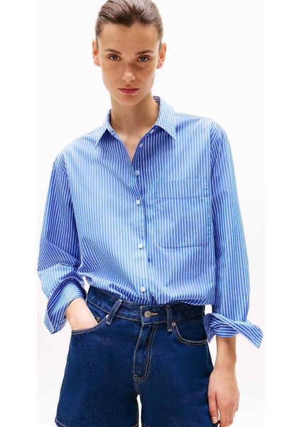 Kadın Th Oversize Çizgili Gömlek - Mavi fiyatları