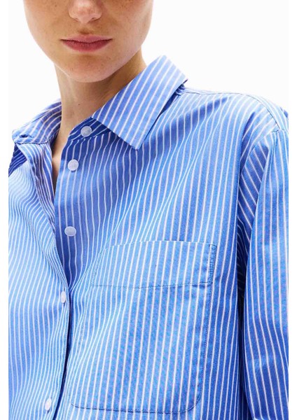 Kadın Th Oversize Çizgili Gömlek - Mavi indirimleri