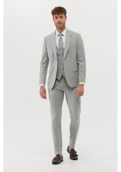 Erkek Ekstra Slim Fit Yelekli Takım Elbise - Gri
