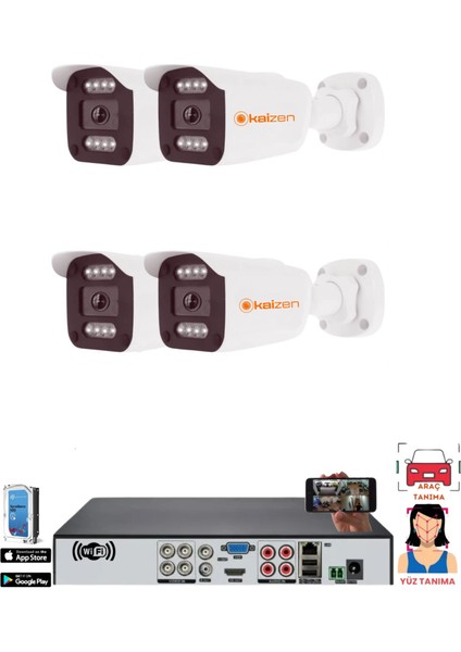 Kaızen 4 Kameralı5 Mp 8 Warm Ledli Yüz ve Araç Algılamalı Güvenlik Kamerası Kurulumahazır Set