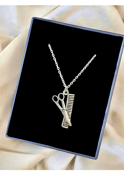 Kuaför Makas ve Tarak Unisex Tasarım 925 Ayar Gümüş Kolye modelleri