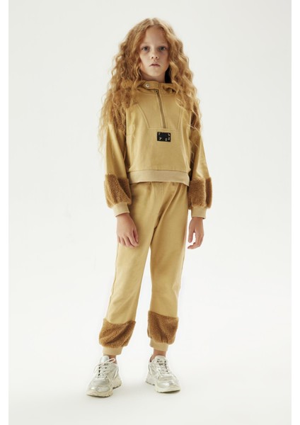 Kız Çocuk Bej Eşofman Üstü Kapüşonlu Rahat Tasarım 23FW1TJ4412 Sonbahar Kış