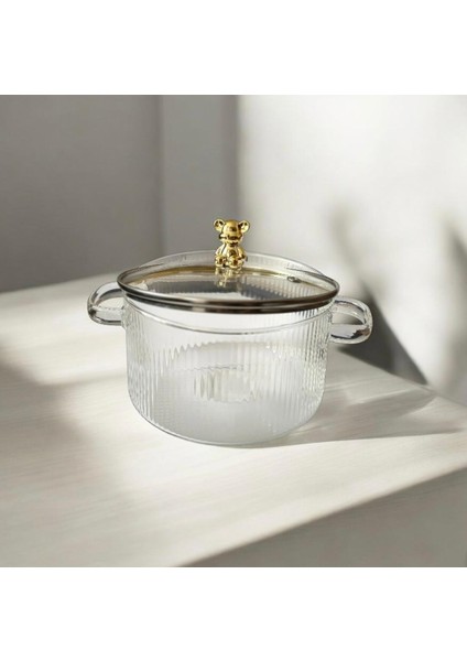 Morponi Borosilikat Gold Cam Metal Çerçeveli Cam Kapaklı 1700 ml Cam Tencere Ayıcık Temalı