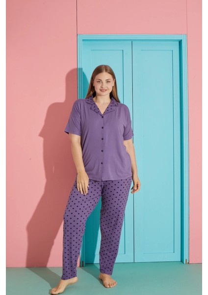 Büyük Beden Milan Kumaş Önü Düğmeli Lila Pijama Takımı-7560