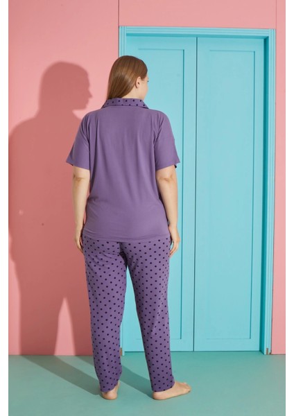 Büyük Beden Milan Kumaş Önü Düğmeli Lila Pijama Takımı-7560