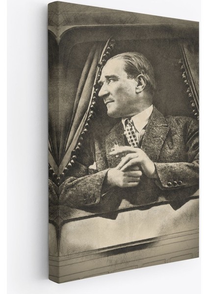 Mustafa Kemal Atatürk'ün Karakalem Görünümlü Portre Çizimi Dikdörtgen Dekoratif Kanvas Tablo-De-82