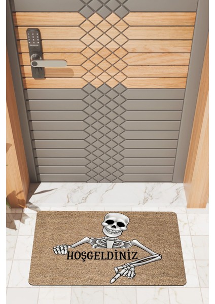 Modern Dijtal Baskı Kahverengi Hoşgeldiniz Iskelet Kapı Önü Paspası