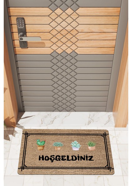 Modern Dijtal Baskı Saksı Çiçekli Hoşgeldiniz Kapı Önü Paspası