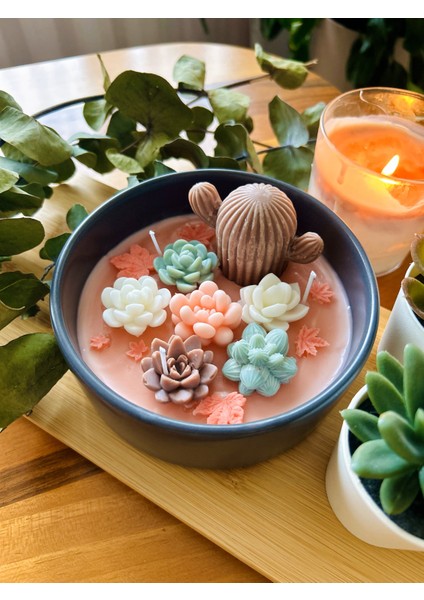 - Kaktüs Sukulent Mum Tabağı - Dekoratif Hediyelik Mum