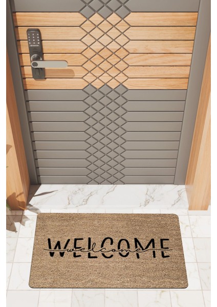 Modern Dijtal Baskı Kahverengi Welcome Welcome Kapı Önü Paspası