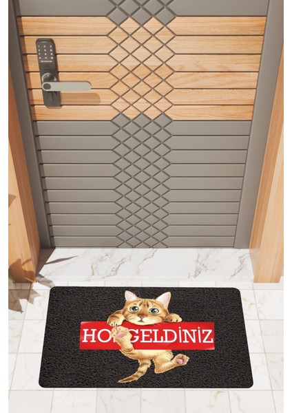 Modern Dijtal Baskı Siyah Hoşgeldiniz Kedi Kapı Önü Paspası