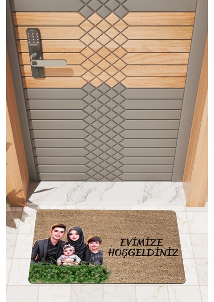 Modern Dijtal Baskı Yeşillikli Aile Temalı Kapı Önü Paspası