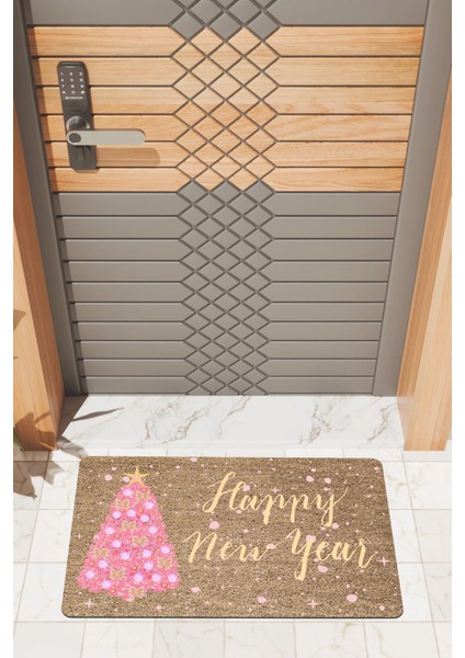Modern Dijtal Baskı Pembe Yılbaşı Ağacı Happy New Year Kapı Önü Paspası