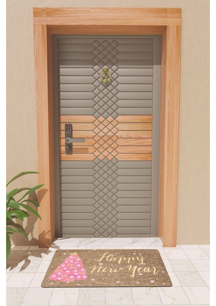 Modern Dijtal Baskı Pembe Yılbaşı Ağacı Happy New Year Kapı Önü Paspası fiyatları