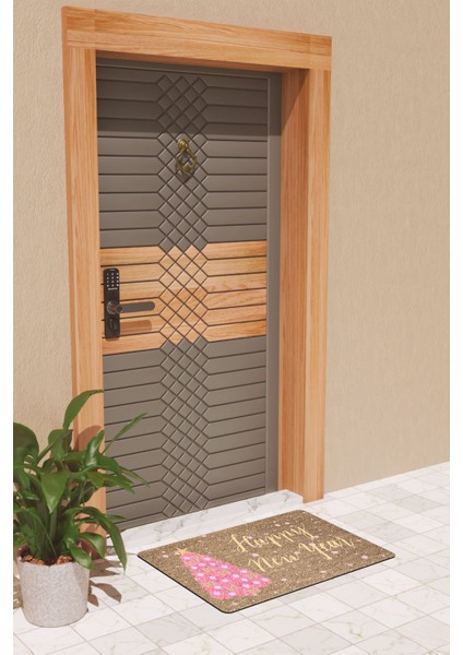 Modern Dijtal Baskı Pembe Yılbaşı Ağacı Happy New Year Kapı Önü Paspası modelleri