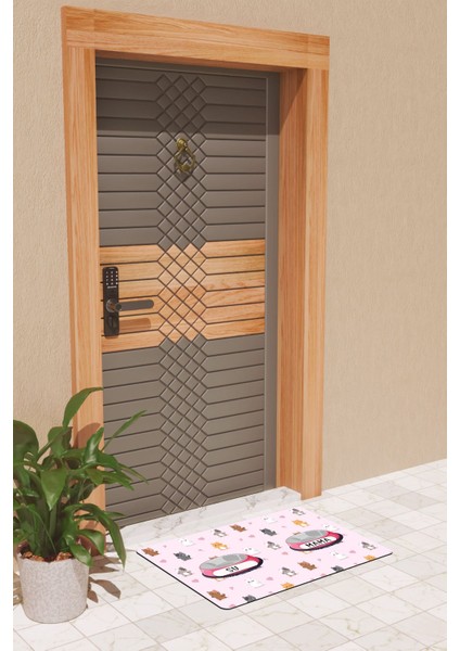 Modern Dijtal Baskı Pembe Mama ve Su Kabı Matı Kapı Önü Paspası